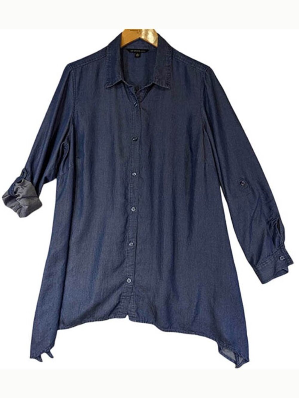 Zac & Rachel Denim Top‎ Womens 1X Blue Button Up Tunic Roll Tab Sharkbite Hem